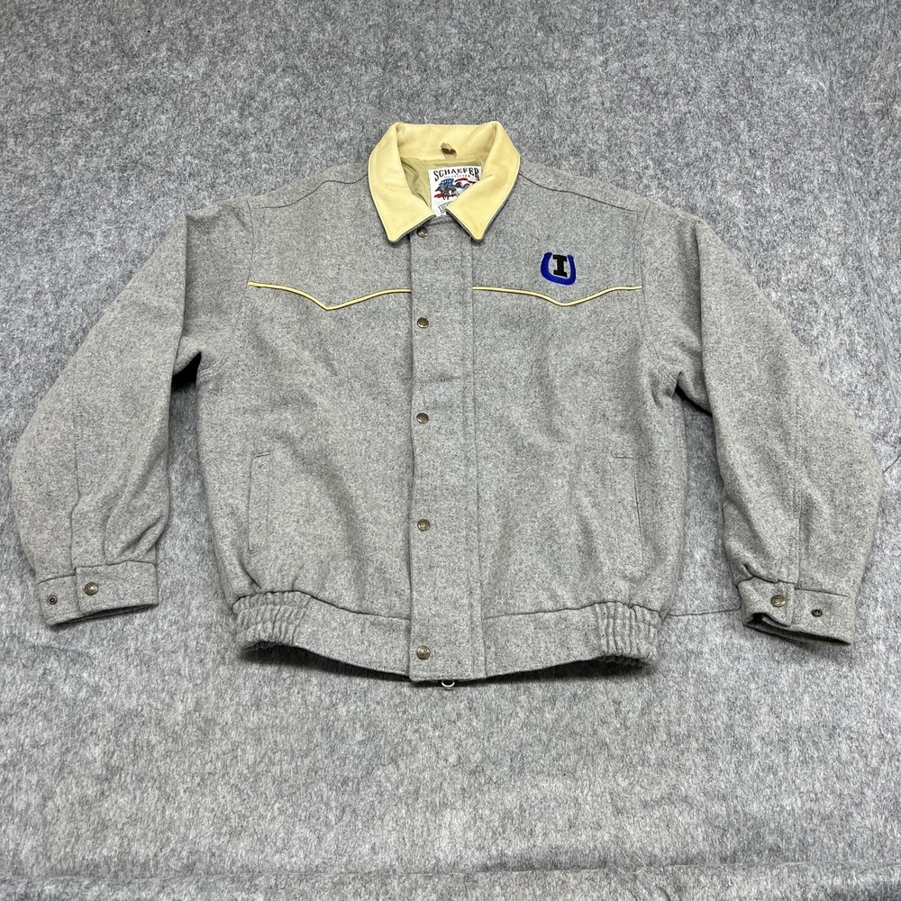 Schaefer Outfitter Jacket Mens XL Gray Wool Blend Leather Collar Western USA
